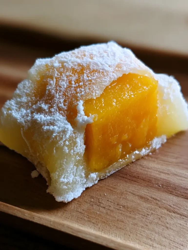 Homemade Mango Mochi: The Ultimate Guide to Soft and Elastic Fruit Daifuku 1 Detailed view of the thin, elastic outer layer of Homemade Mango Mochi dusted in white cornstarch.