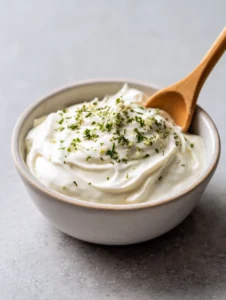 Glossy White Garlic Pizza Sauce topped with minced garlic and dried parsley in a ceramic bowl.