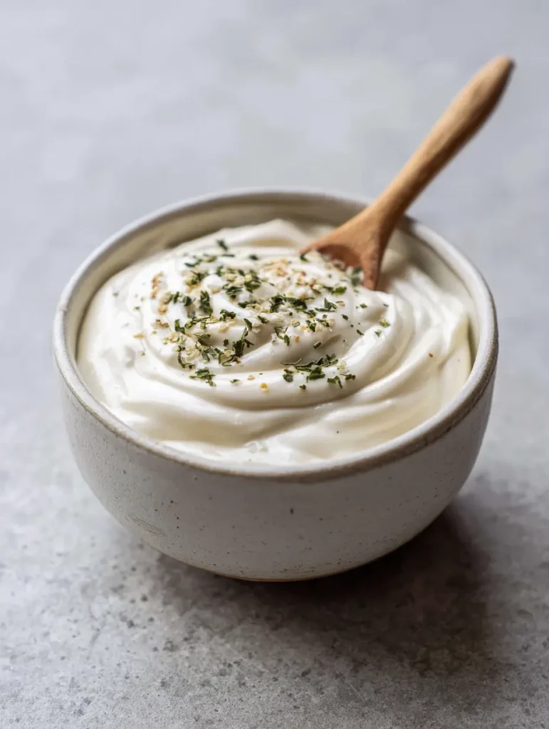 A wooden spoon lifting thick, creamy White Garlic Pizza Sauce from a white bowl on a stone countertop.