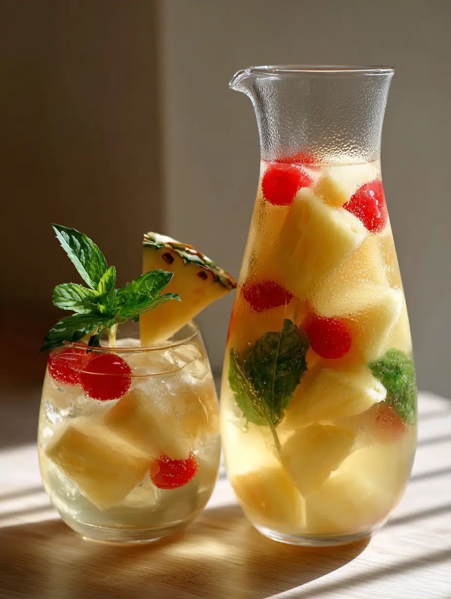 Close up of a stemless wine glass with condensation beads and a Pineapple Sangria Recipe inside, garnished with mint and a pineapple wedge.