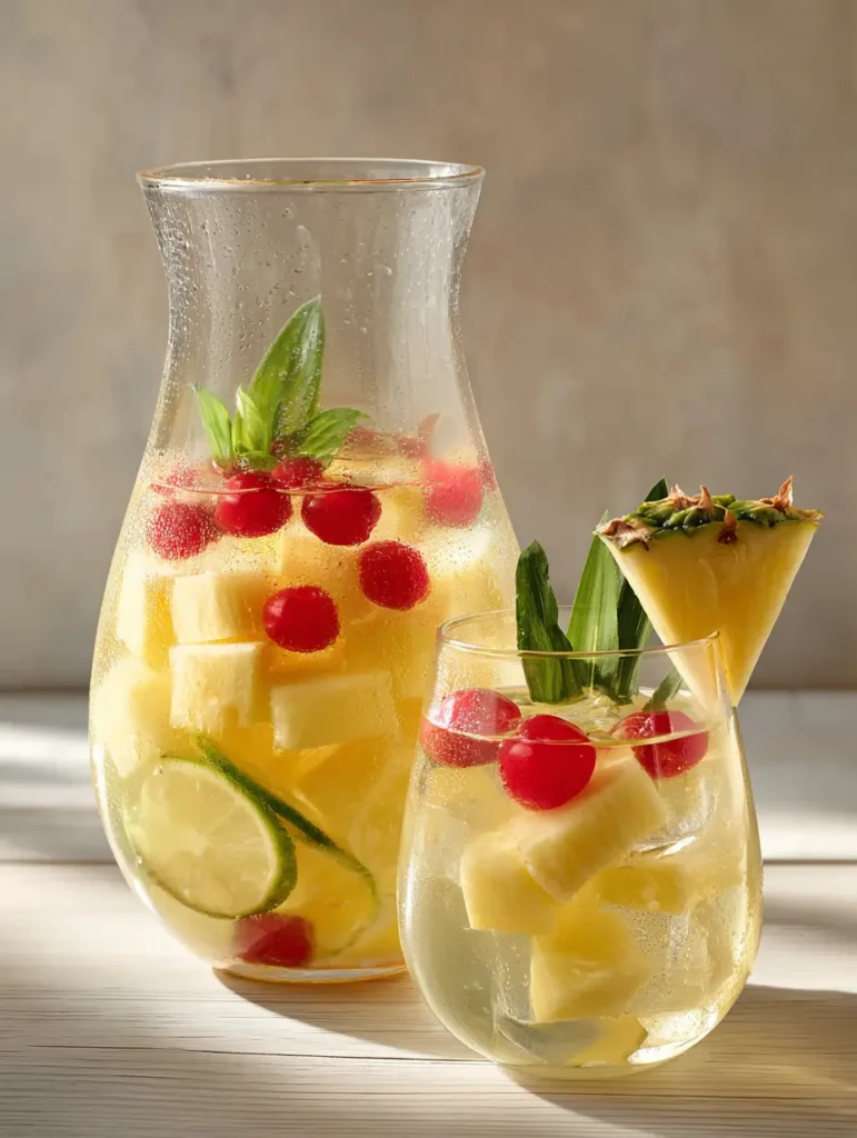 A tall glass pitcher filled with Pineapple Sangria Recipe showcasing clear ice cubes and fresh tropical fruit layers.