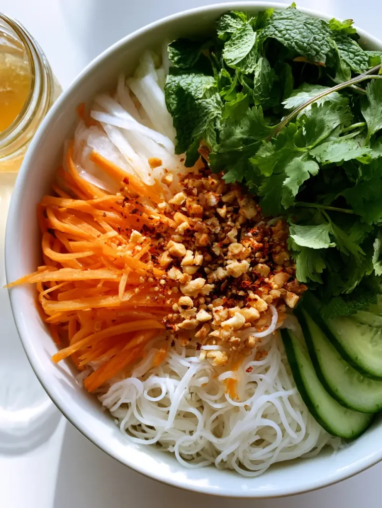 A white bowl of Vietnamese Noodle Salad showing the beautiful layers of pickled carrots, daikon, and cucumber rounds.