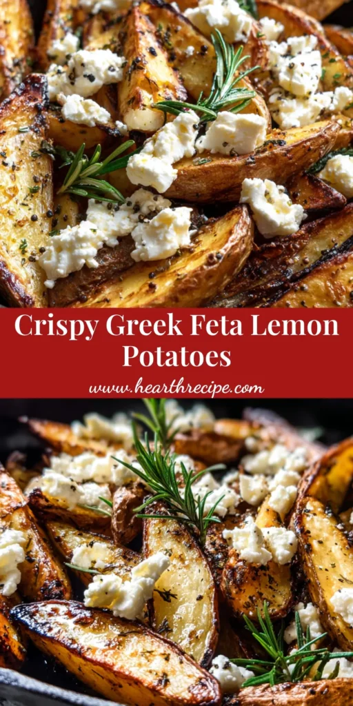 Thick-cut Greek Lemon Potatoes in a cast iron skillet with charred crispy edges and crumbled feta cheese. (Greek Lemon Potatoes)