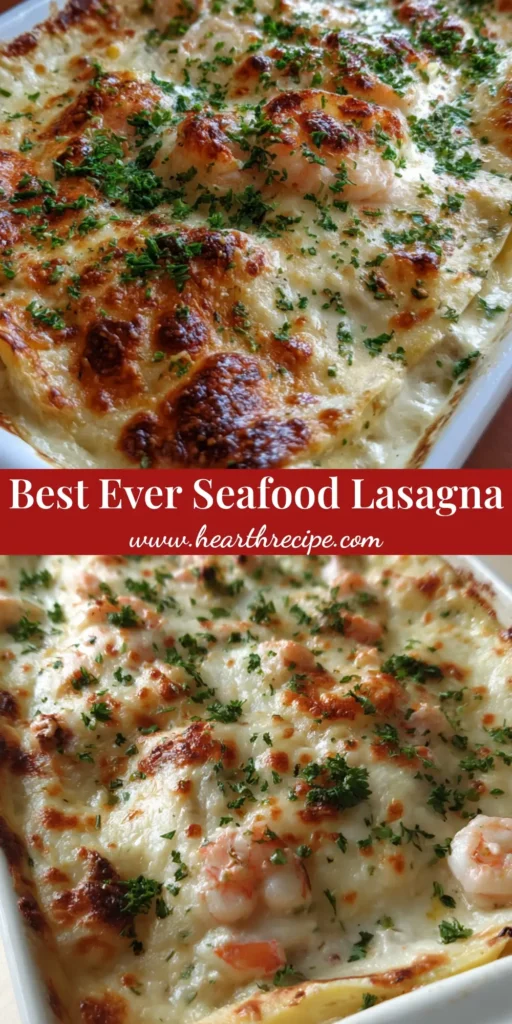 A handheld photo of Creamy Seafood Lasagna in a white ceramic dish with a bubbling golden-brown cheese crust and fresh parsley.