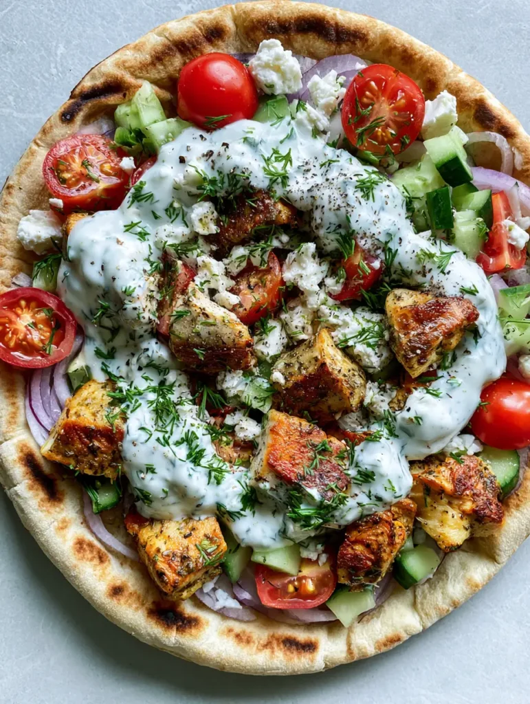 Greek Chicken Flatbread with Lemon-Oregano Sear and Creamy Homemade Tzatziki 2 Close-up of golden-brown seared lemon-oregano chicken chunks on a Greek Chicken Flatbread with fresh dill and feta.