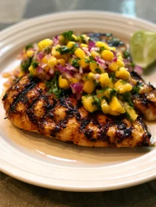Close up handheld photo of Honey Lime Chicken with Mango Salsa showing juicy texture and dark char marks.