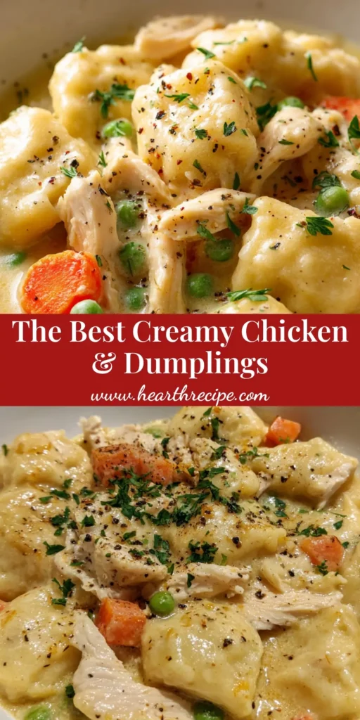 A steaming white ceramic bowl of creamy Chicken and Dumplings topped with black pepper and parsley.
