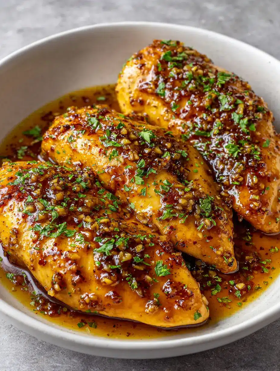Close-up of pan-seared chicken breasts with a glossy amber honey garlic glaze and visible minced garlic.