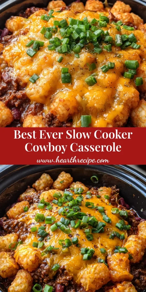 A Slow Cooker Cowboy Casserole in a black crockpot featuring crispy tater tots under a bubbling blanket of melted orange cheddar cheese with green onion garnish.