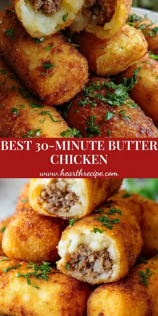 A stack of golden-brown crispy deep-fried potato rolls with a beef center and parsley garnish. (Butter Chicken Recipe)