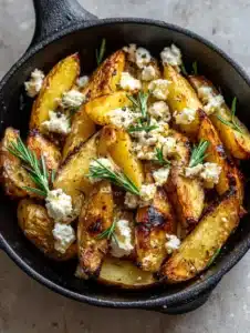 A rustic black cast iron skillet filled with golden brown roasted Greek Lemon Potatoes and fresh rosemary. (Greek Lemon Potatoes)
