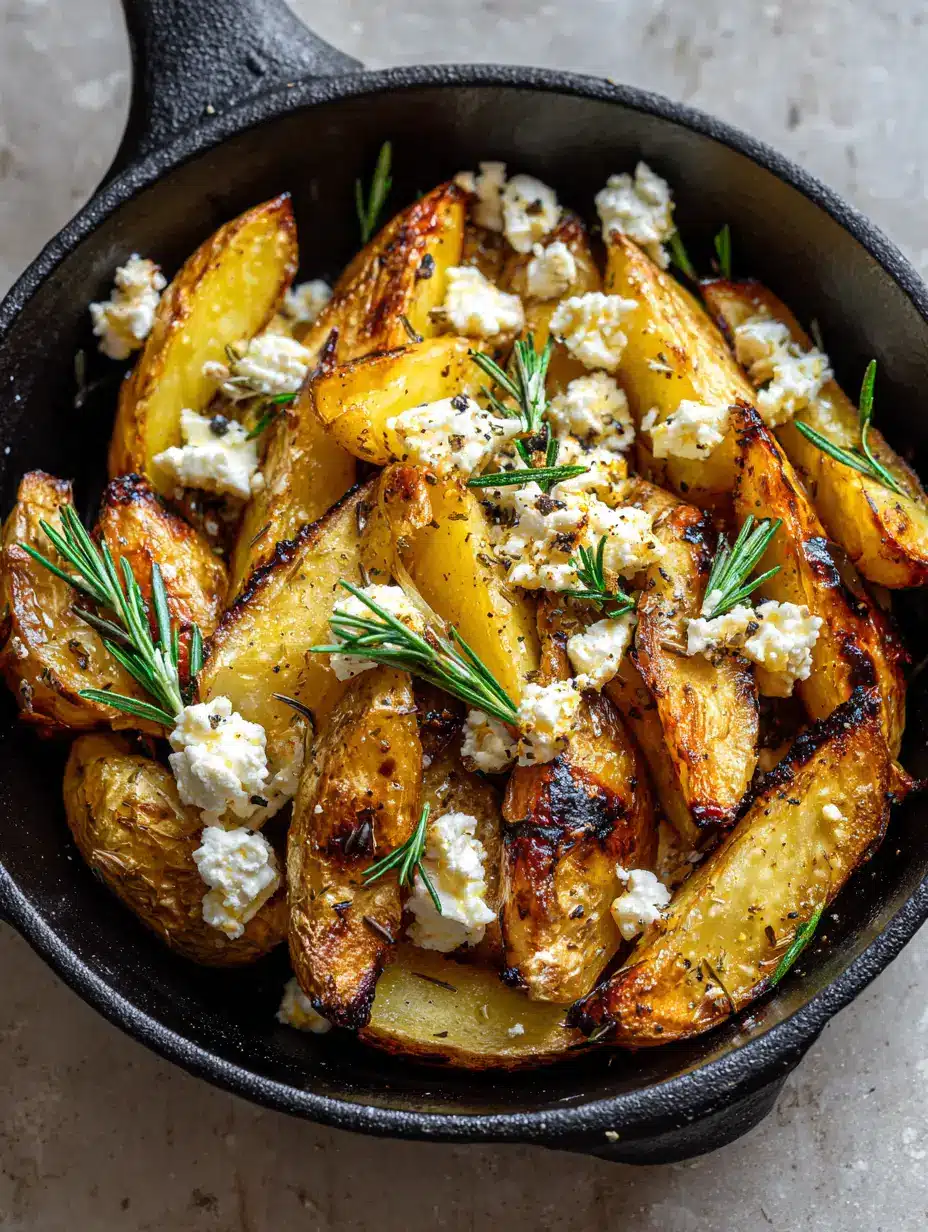 A rustic black cast iron skillet filled with golden brown roasted Greek Lemon Potatoes and fresh rosemary. (Greek Lemon Potatoes)
