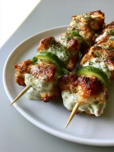 Handheld photo of Dill Pickle Chicken Skewers showing golden-brown crispy edges and ranch dressing.