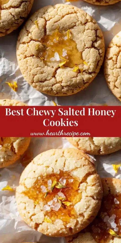 A close-up shot of thick Salted Honey Cookies on white parchment paper with amber honey drizzle and large sea salt flakes.
