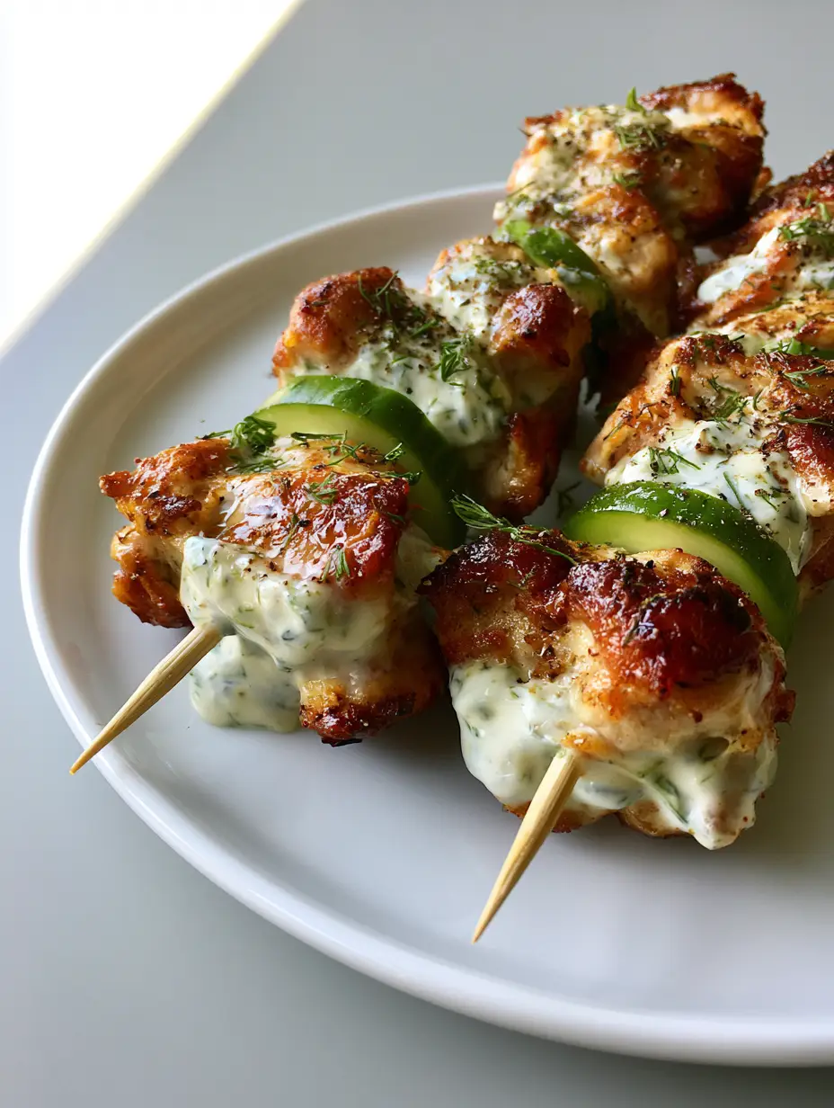 Handheld photo of Dill Pickle Chicken Skewers showing golden-brown crispy edges and ranch dressing.
