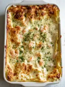 Close up of Creamy Seafood Lasagna layers showing succulent shrimp and flaked pink salmon in a velvety garlic cream sauce.