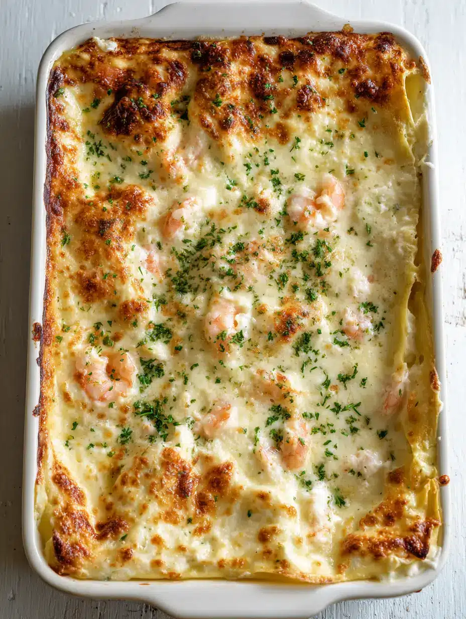 Close up of Creamy Seafood Lasagna layers showing succulent shrimp and flaked pink salmon in a velvety garlic cream sauce.