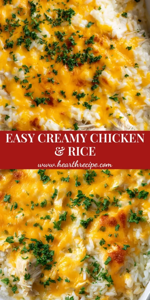 A bubbling Chicken and Rice Casserole in a white ceramic dish with a toasted cheddar crust and fresh parsley garnish.
