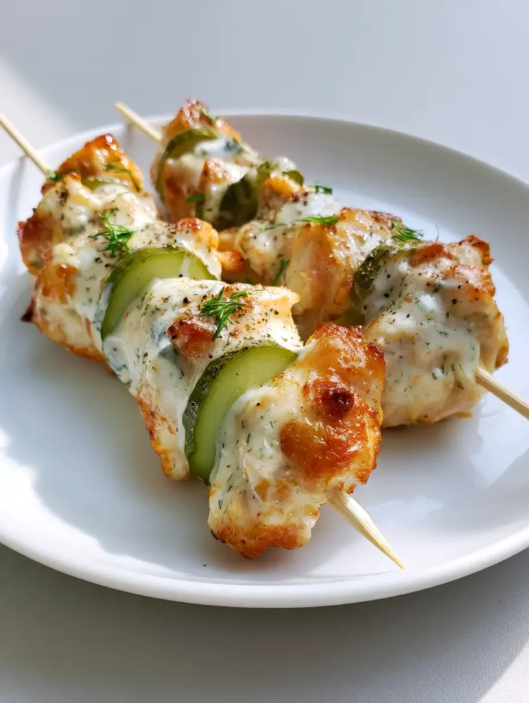 Dill Pickle Chicken Skewers seasoned with black pepper and fresh dill on a neutral background.