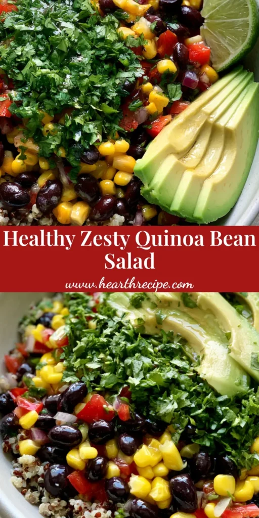 A top-down view of a colorful Quinoa Black Bean Salad in a white bowl with avocado and lime. (Quinoa Black Bean Salad)
