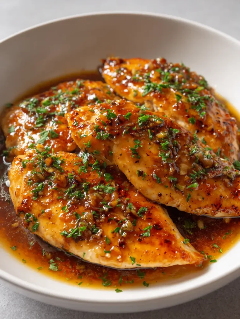Three pieces of caramelized chicken breast in a white bowl with fresh parsley garnish.