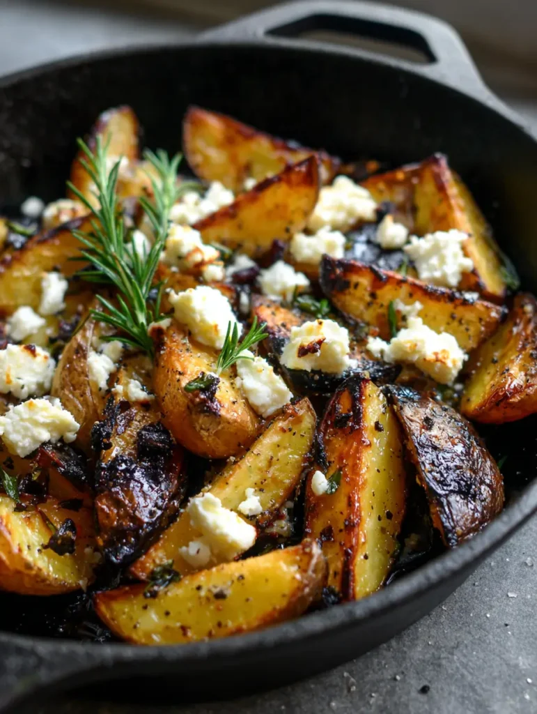 Close up of blistered potato skins and cracked black pepper on Greek Lemon Potatoes with rosemary needles.