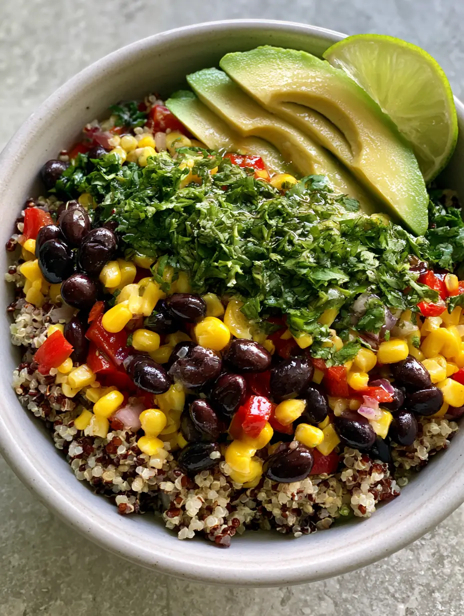 Close-up of fluffy red and white quinoa mixed with black beans and corn. (Quinoa Black Bean Salad)