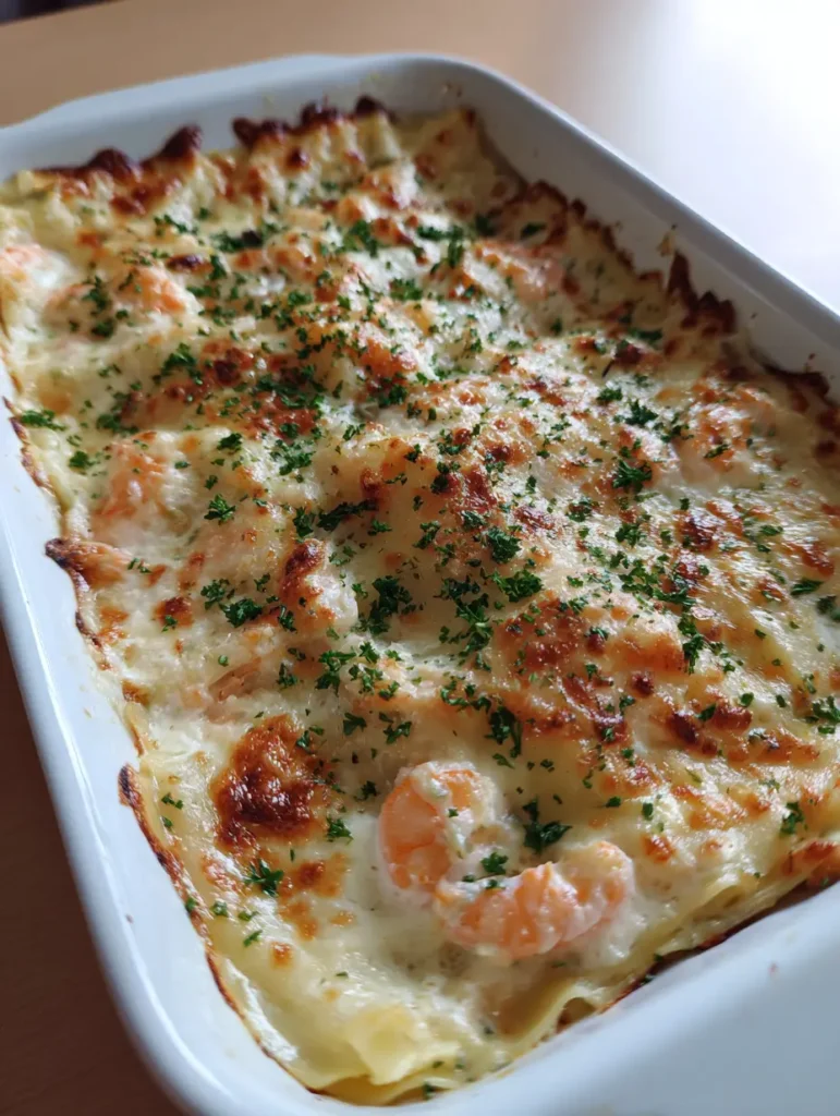 Creamy Seafood Lasagna being served from a white rectangular ceramic dish on a wooden tabletop in natural light.