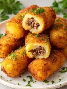 A close-up handheld photo of crispy potato rolls showing the layered interior of beef and mash. (Butter Chicken Recipe)