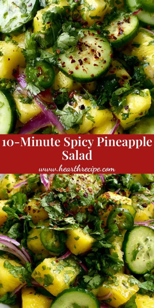 A top-down Pinterest-style image of Spicy Pineapple Cucumber Salad in a white bowl showing glistening pineapple and green cucumber rounds.