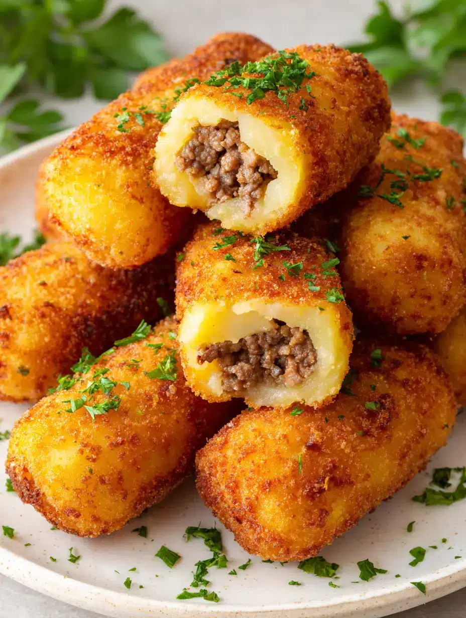 A close-up handheld photo of crispy potato rolls showing the layered interior of beef and mash. (Butter Chicken Recipe)