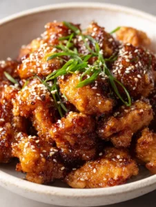 Close-up of craggy, golden-brown fried chicken coated in a thick, translucent amber honey butter glaze. (Honey Butter Chicken)