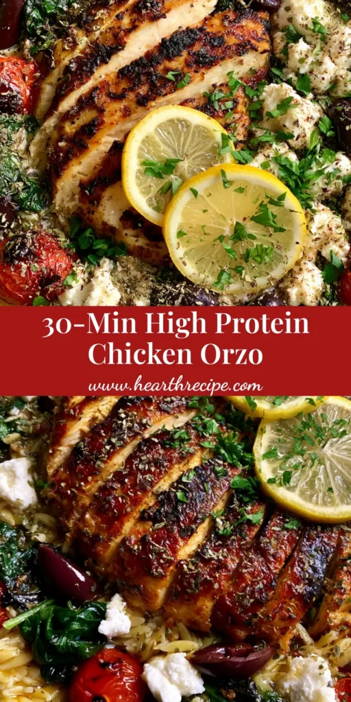 High Protein Mediterranean Chicken Orzo: A One-Pan Skillet Masterpiece 4 A black skillet filled with seared chicken slices, tender orzo, blistered tomatoes, and feta. (High Protein Mediterranean Chicken Orzo)