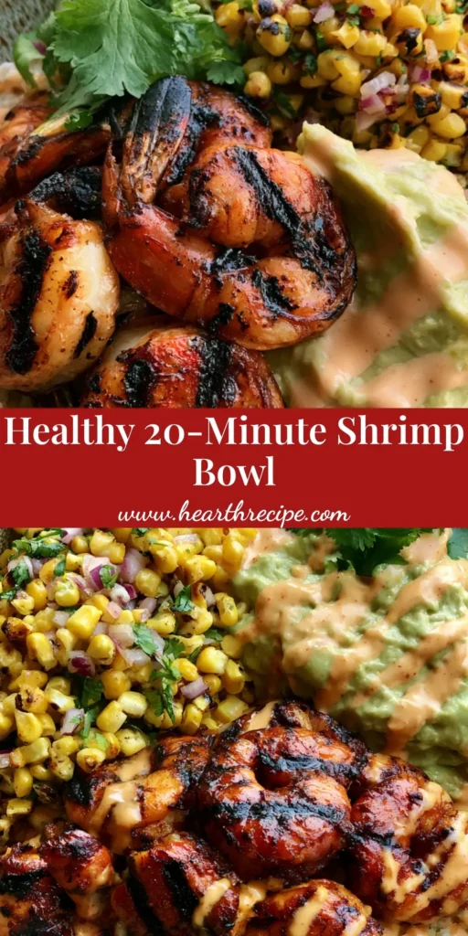 A professional Pinterest pin showing an overhead view of a Grilled Shrimp Bowl with charred corn, mashed avocado, and creamy orange sauce on a grey background.
