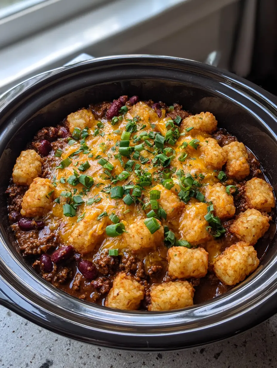 Close up of Slow Cooker Cowboy Casserole showing bubbling orange cheddar cheese with oil droplets and fresh green scallions.