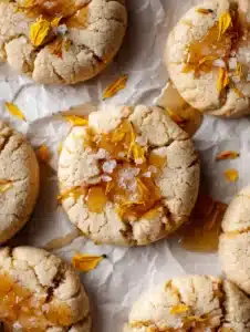 Top-down view of Salted Honey Cookies showing toasted golden-brown edges and a pale blonde center.
