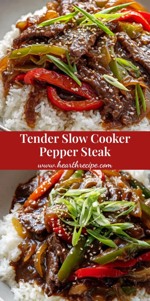 A close-up of Slow Cooker Pepper Steak served over fluffy white rice with glossy brown sauce and sesame seed garnish.