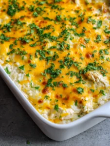 Close-up overhead shot of chicken and rice casserole showing melted cheddar with toasted brown patches and green parsley. (Chicken and Rice Casserole)
