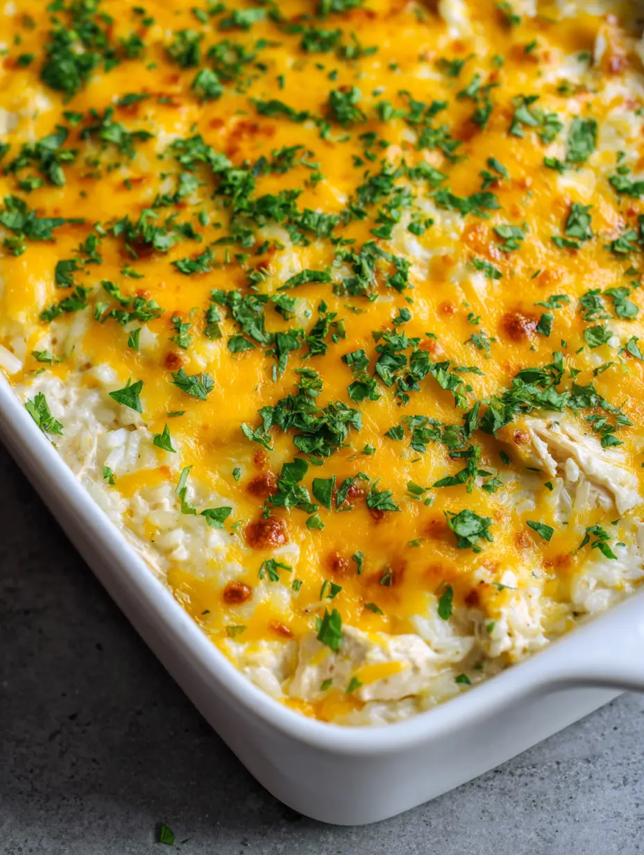 Close-up overhead shot of chicken and rice casserole showing melted cheddar with toasted brown patches and green parsley. (Chicken and Rice Casserole)
