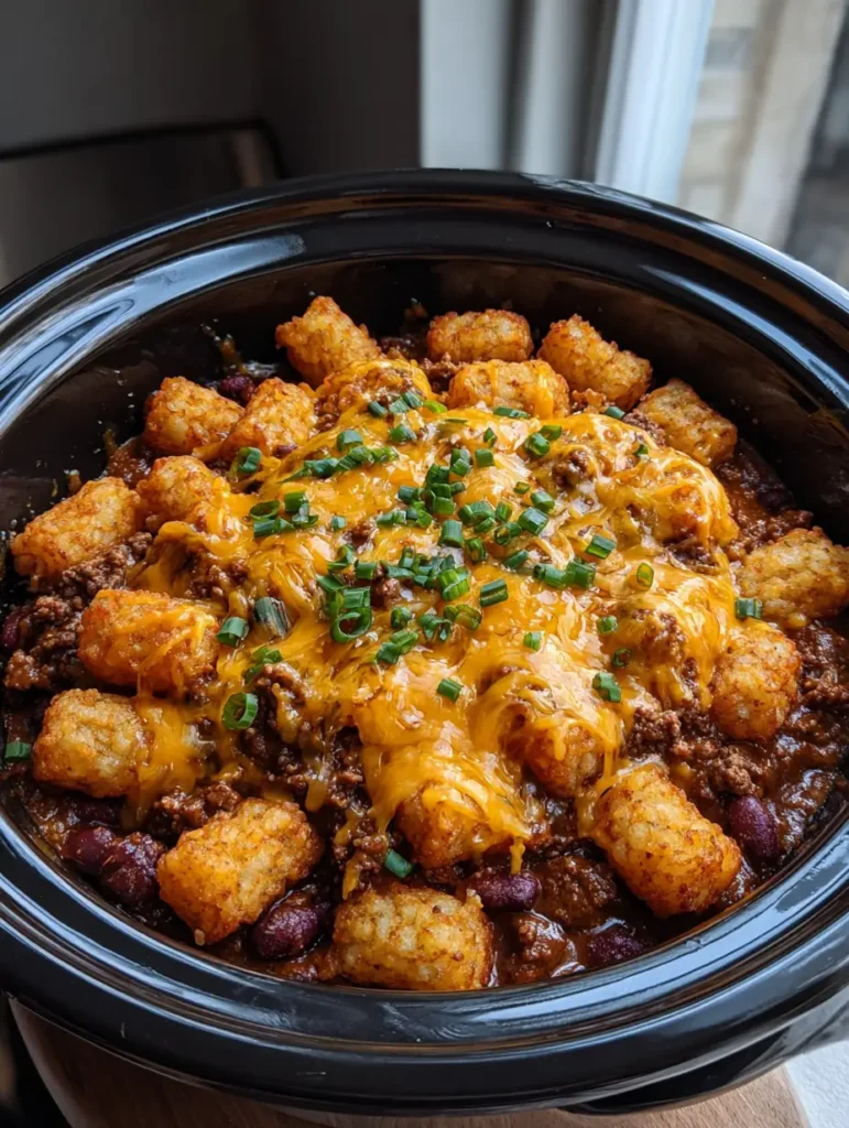 Plated Slow Cooker Cowboy Casserole in a deep ceramic dish showing the thick reddish-brown sauce and golden-brown tots.