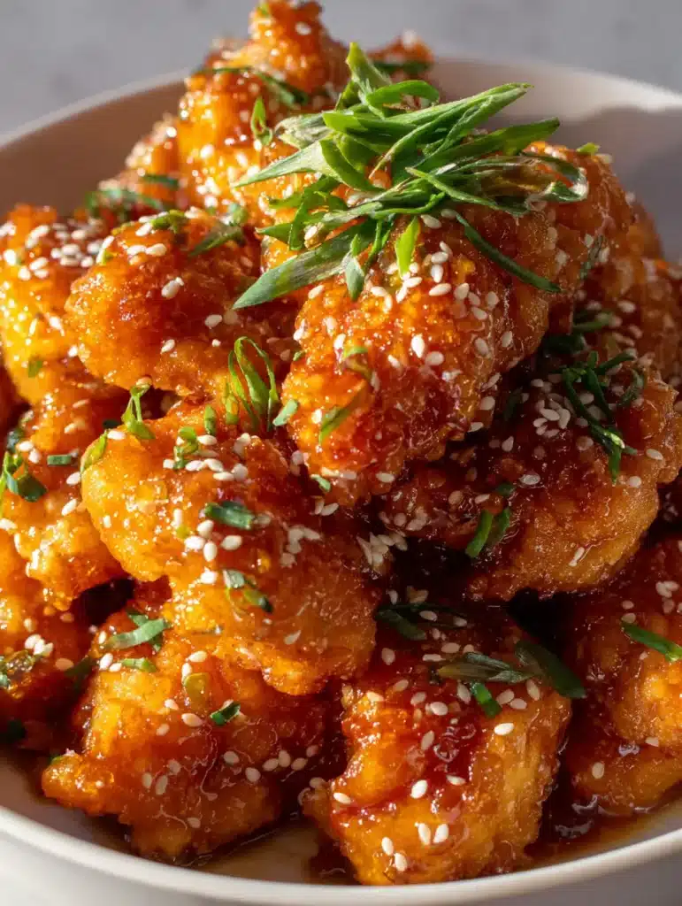 Honey Butter Chicken garnished with white sesame seeds and green scallions in a shallow white ceramic bowl.