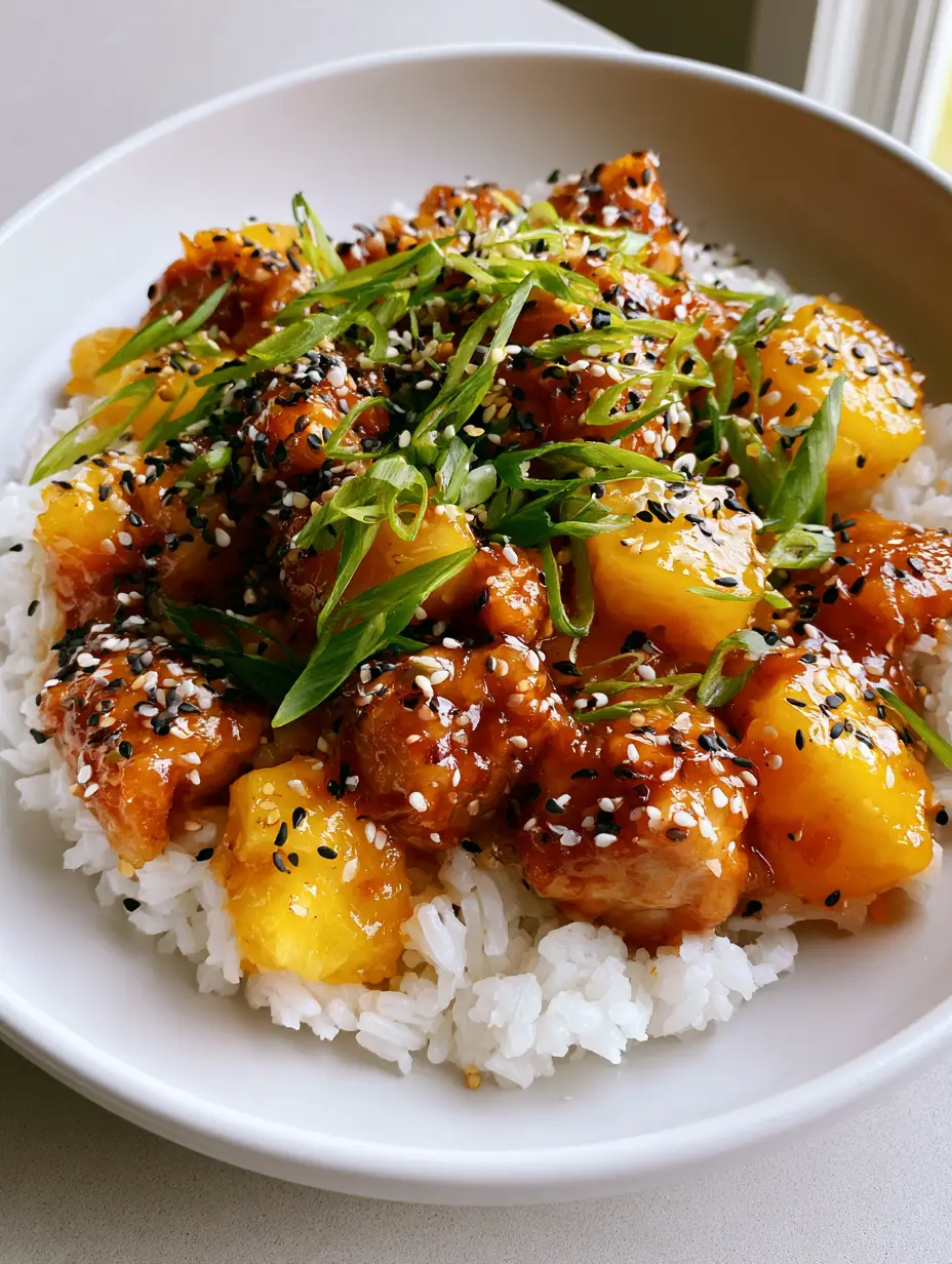 Close-up of juicy chicken and pineapple chunks heavily coated in a thick, translucent amber sauce. (Slow Cooker Hawaiian Chicken)