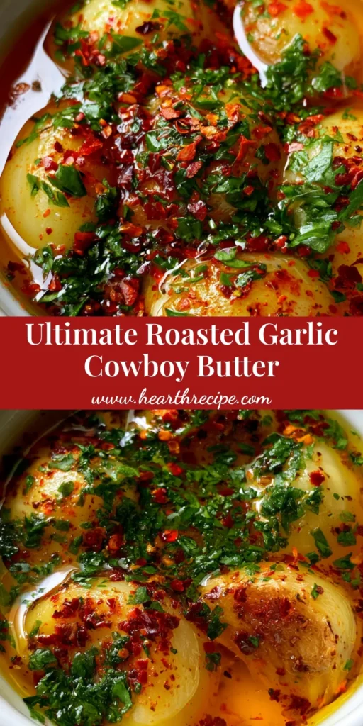 A top-down view of Roasted Garlic Cowboy Butter in a white ramekin with visible golden garlic cloves and green parsley.