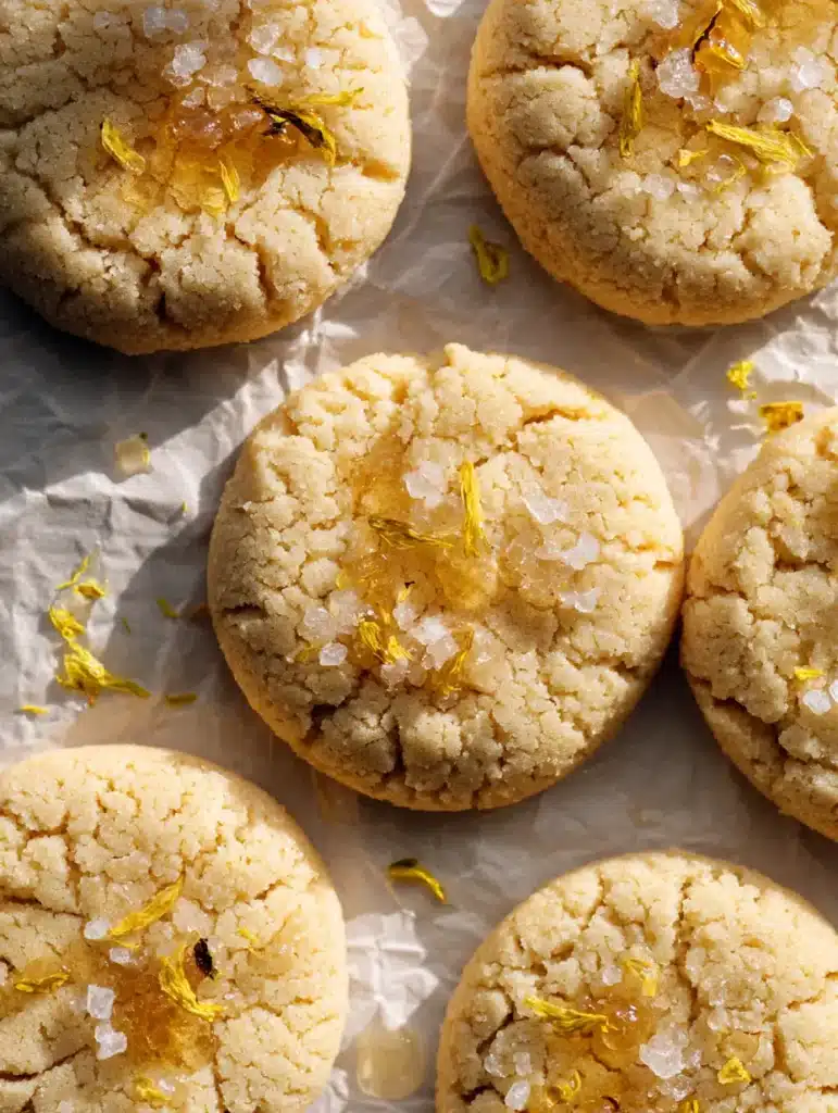 Macro shot of Salted Honey Cookies garnished with large sea salt flakes and dried yellow flower petals.