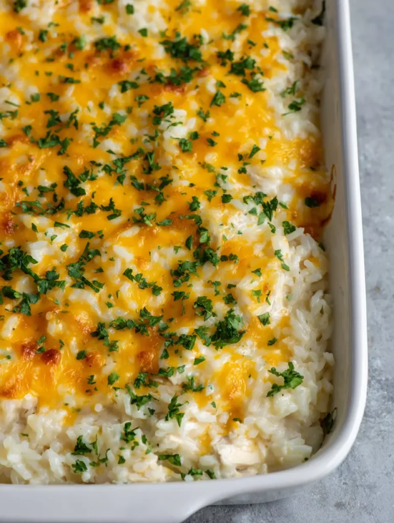 Slightly angled shot of a white rectangular dish filled with creamy chicken and rice, topped with a bubbling cheese crust and parsley.
