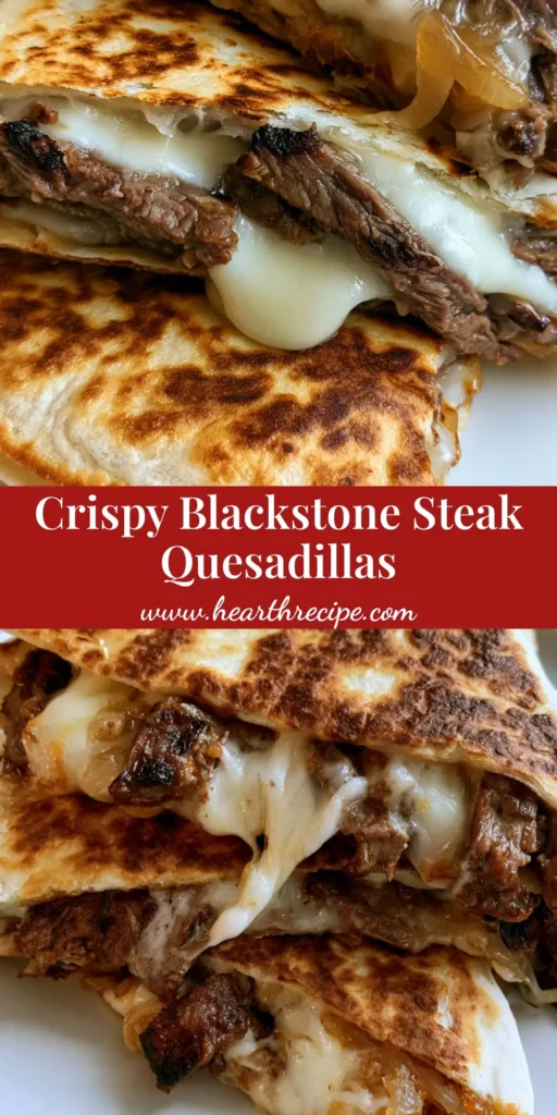 A handheld smartphone photo of golden-brown Blackstone Steak and Cheese Quesadillas stacked on a white plate with visible cheese pull.