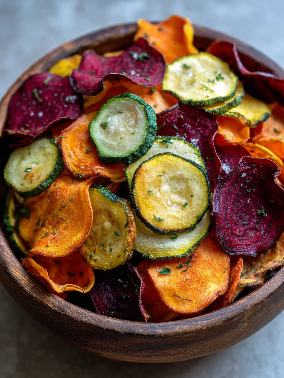 Handheld photo of mixed Air Fryer Veggie Chips in a wooden bowl showing curled sweet potato and matte beet textures.