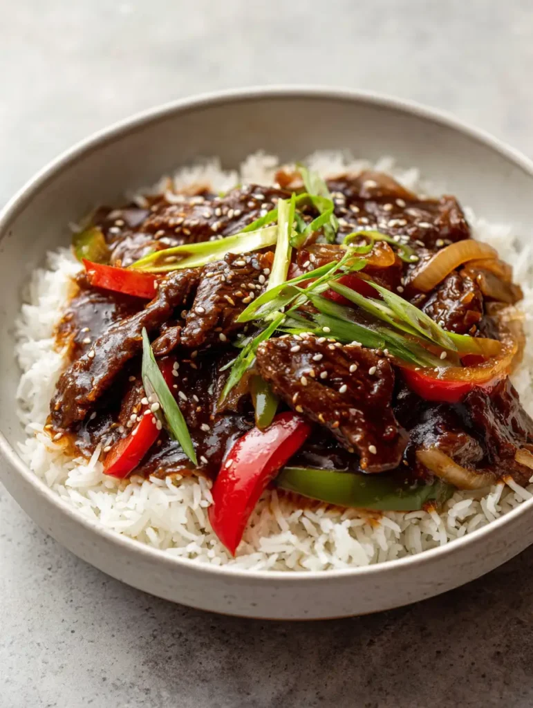Close-up of beef strips and charred bell peppers in a slow cooker pepper steak dish.
