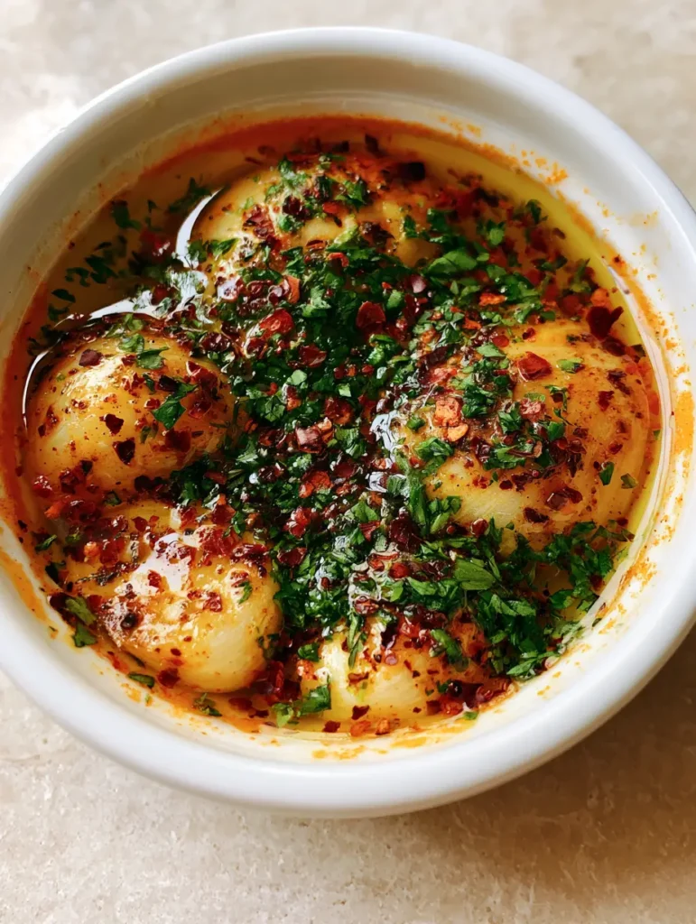 A handheld smartphone photo of Roasted Garlic Cowboy Butter sitting on a light stone surface.