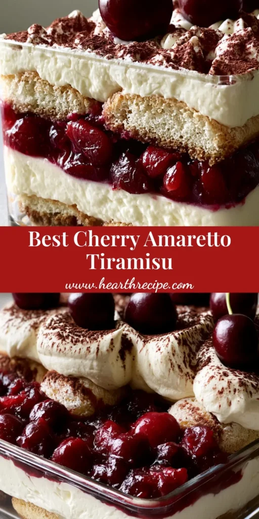 A tall glass dish showcasing the layers of Cherry Amaretto Tiramisu with dark red cherry compote and piped mascarpone cream.